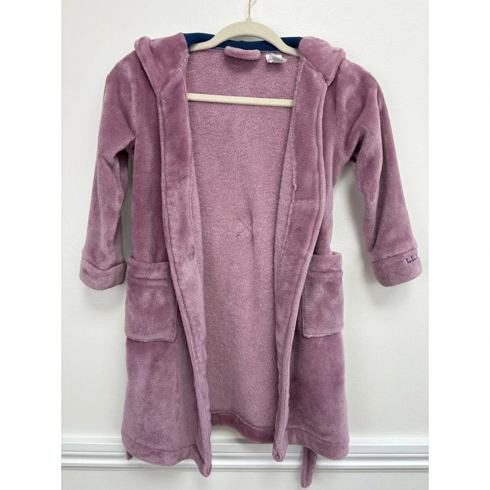 L.L. Bean Big Kids Cozy Hooded Bear Robe Size 4 Plush Purple Pockets Wrap Tie